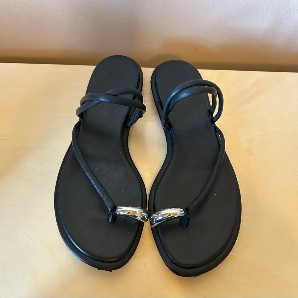 Vince Black Leather Thong Sandals with Silver Accent